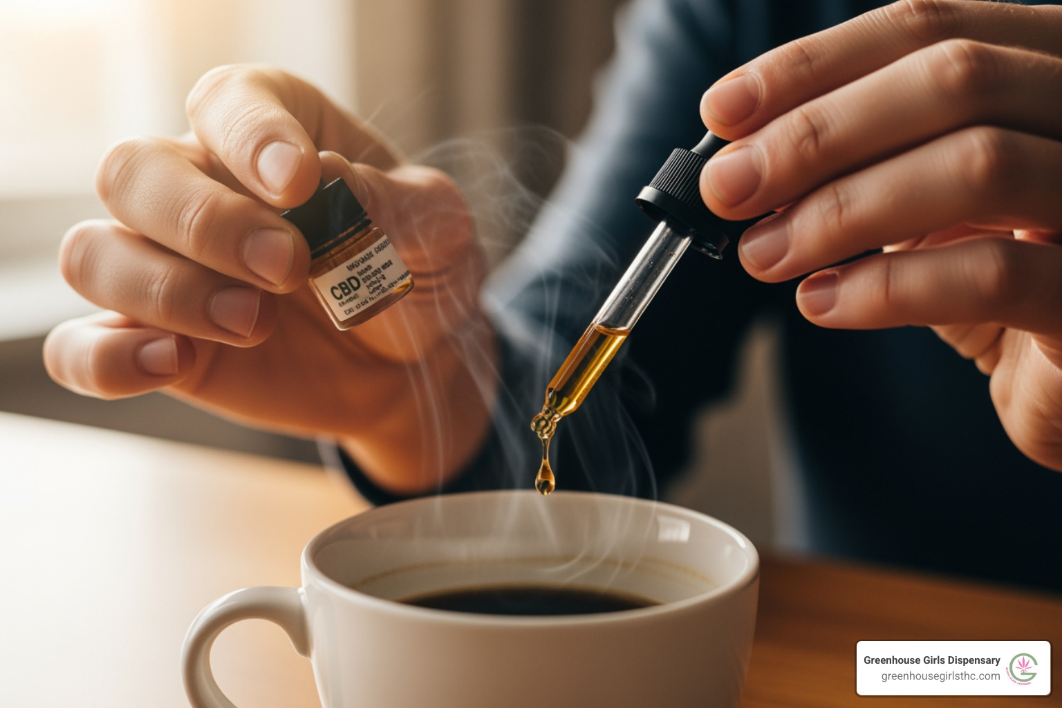 A person adding Greenhouse Girls CBD oil to their morning coffee, signifying mindful usage - cbd products florida