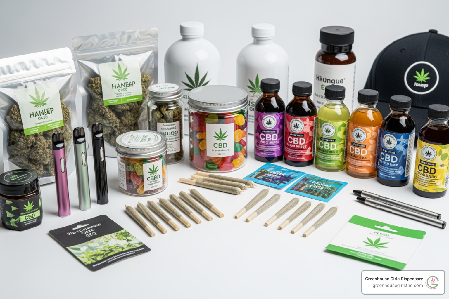 A variety of Greenhouse Girls' popular CBD products: flower (including shake deals), gummies (25mg D9, 50mg D8), prerolls, vapes, drinks, and 420 merch - cbd products florida