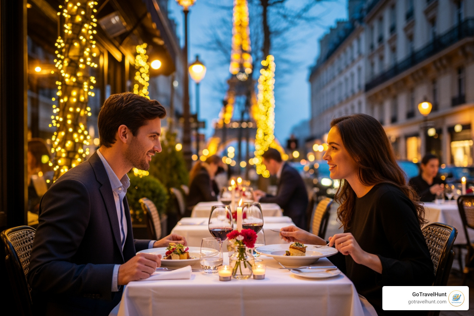 couple enjoying a romantic dinner in a Parisian restaurant - Romantic Getaways for Couples