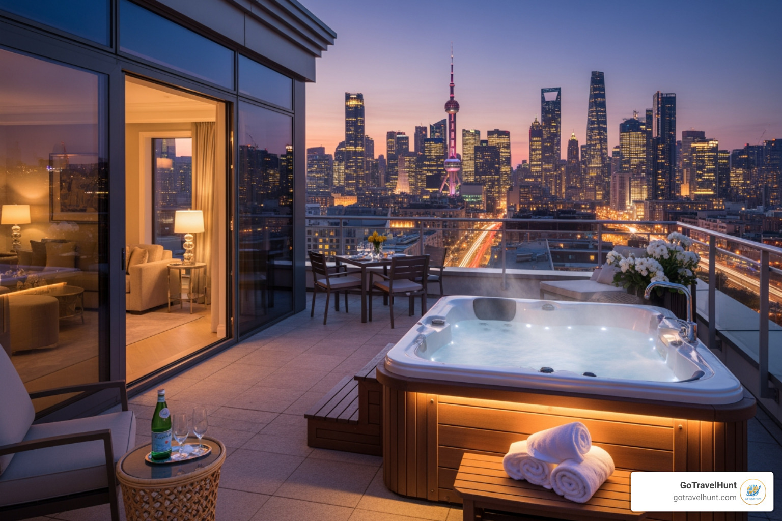 luxurious hotel suite with a private hot tub overlooking a city skyline - Romantic Getaways for Couples