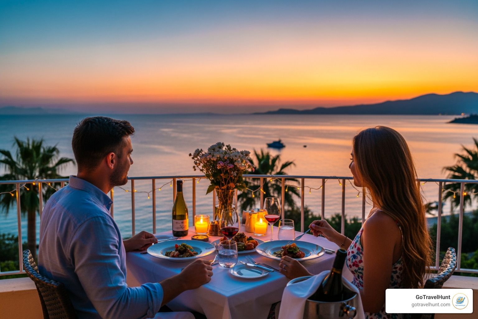 couple enjoying a private dinner on a balcony overlooking the sea - Romantic Getaways for Couples