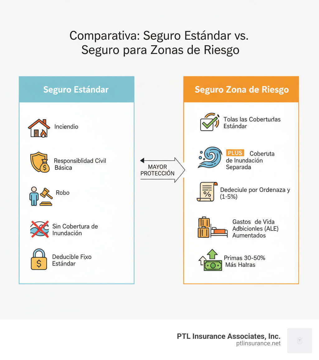 Infografía comparando póliza estándar vs. seguro para zonas de riesgo, mostrando: Columna 1 - Seguro Estándar (incendio, robo, responsabilidad civil básica, sin cobertura de inundación, deducible fijo estándar); Columna 2 - Seguro Zona de Riesgo (todas las coberturas estándar PLUS cobertura de inundación separada, deducible por huracán del 1-5%, cobertura de ordenanza y ley, gastos de vida adicionales aumentados, primas 30-50% más altas) - seguro para casas en zonas de riesgo infographic 