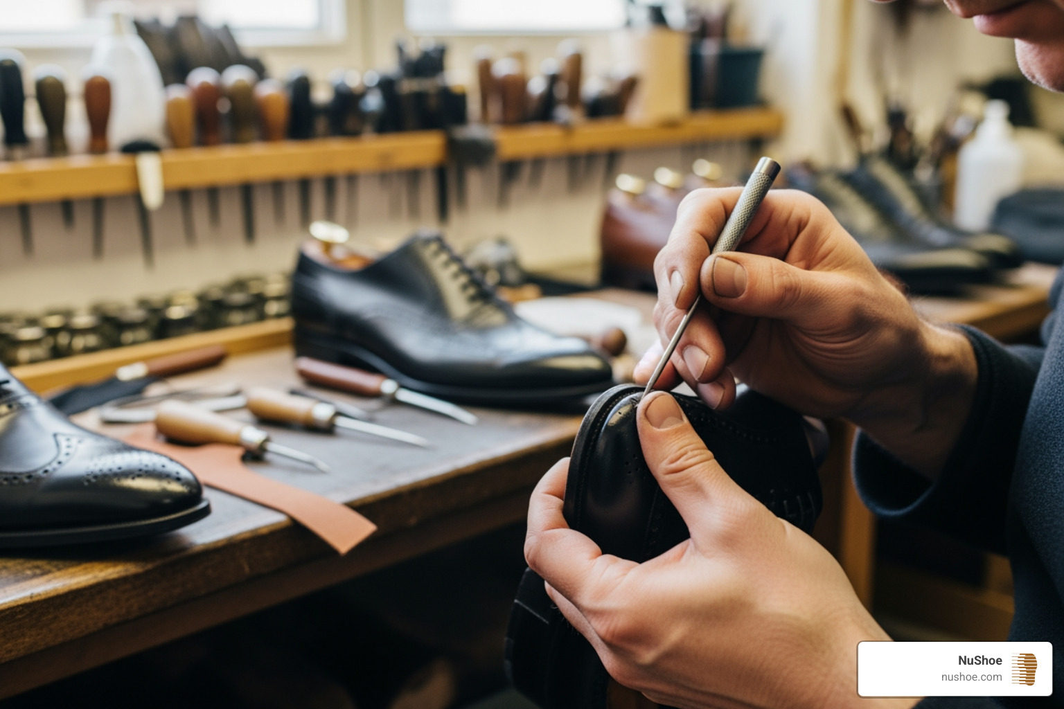 Cobbler carefully working on a designer shoe - closest shoe repair