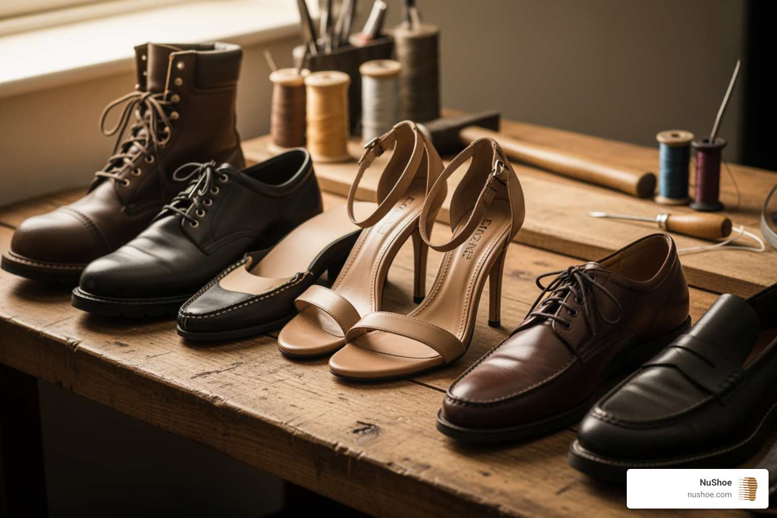 Collection of various repaired shoes (boots, dress shoes, sandals) - closest shoe repair