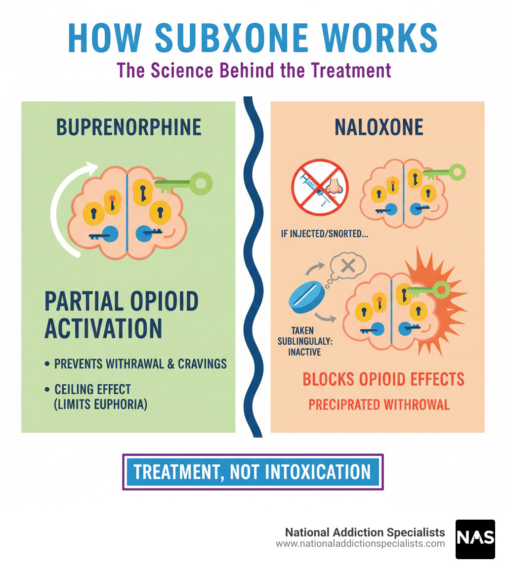 Infographic showing how Suboxone works: buprenorphine partially activates opioid receptors to prevent withdrawal and cravings with a ceiling effect that limits euphoria, while naloxone remains inactive when taken sublingually but blocks opioid effects and causes precipitated withdrawal if injected or snorted - can suboxone get you high infographic 