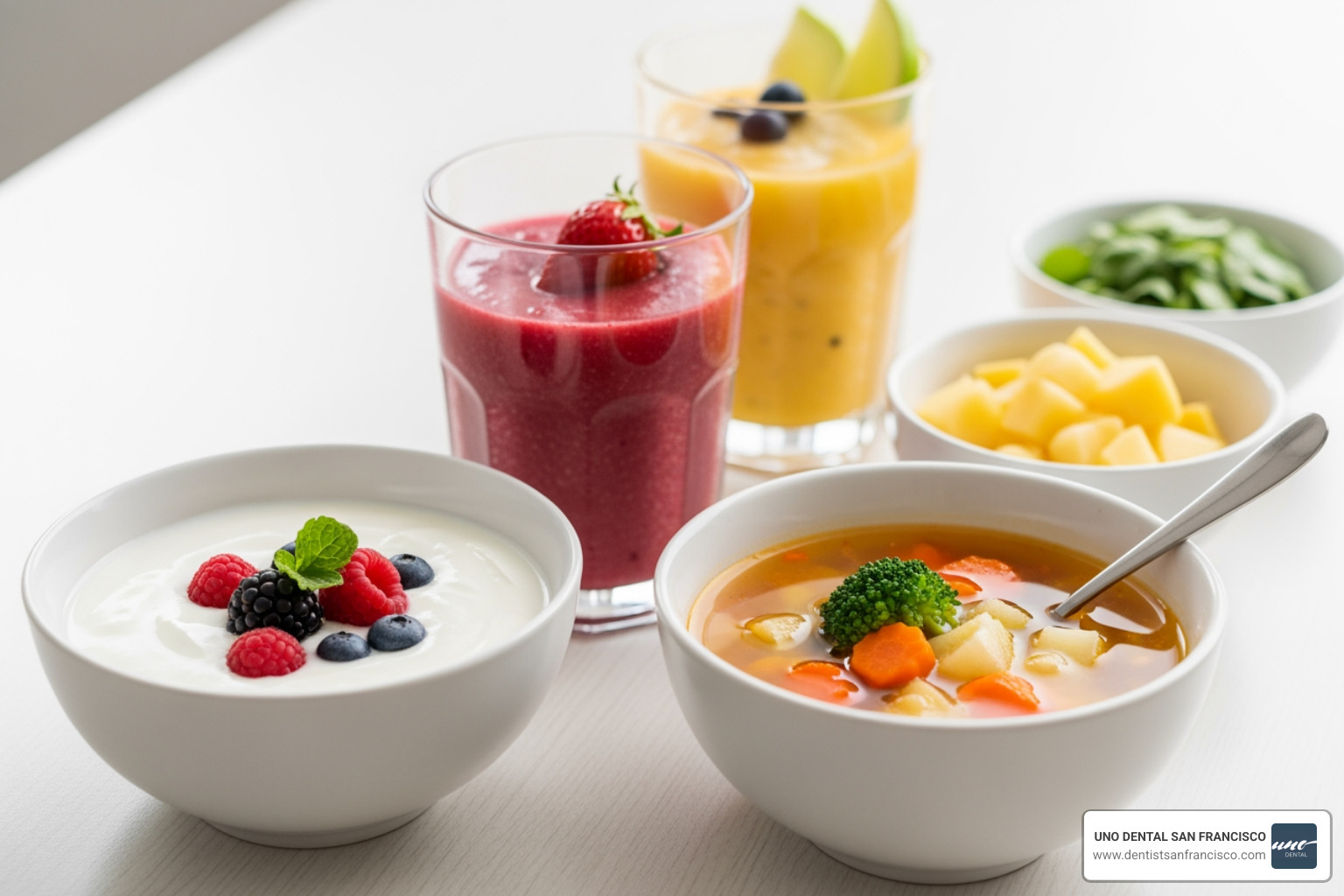 Various soft foods like yogurt, smoothies, and soup suitable for post-implant recovery - dental implant same day Various soft foods like yogurt, smoothies, and soup suitable for post-implant recovery - dental implant same day