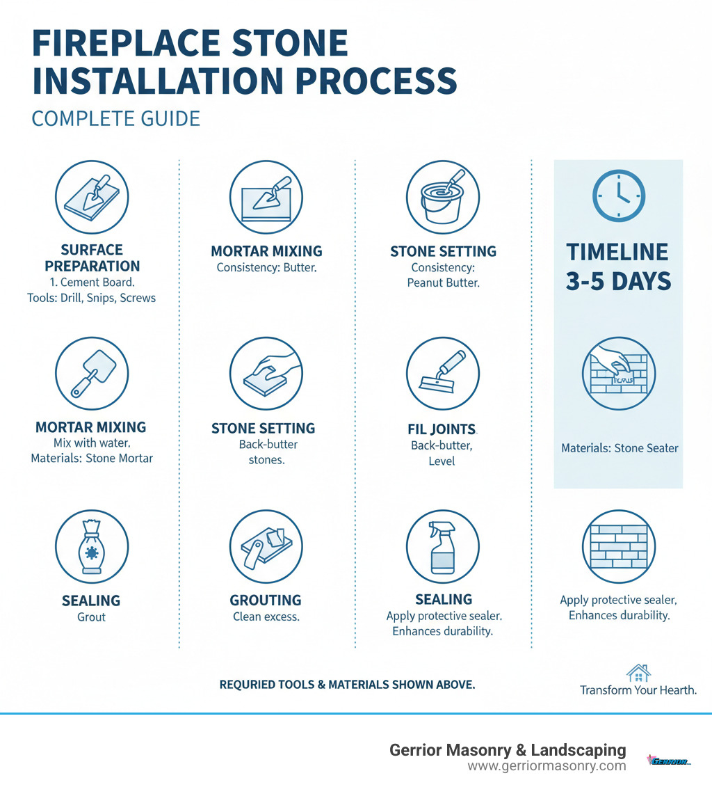infographic showing the complete fireplace stone installation process from surface preparation through final sealing, including required tools, materials, estimated timeline of 3-5 days, and key steps: cement board installation, metal lath application, mortar mixing, stone setting from bottom up, grouting, and sealing - Fireplace stone installation infographic 