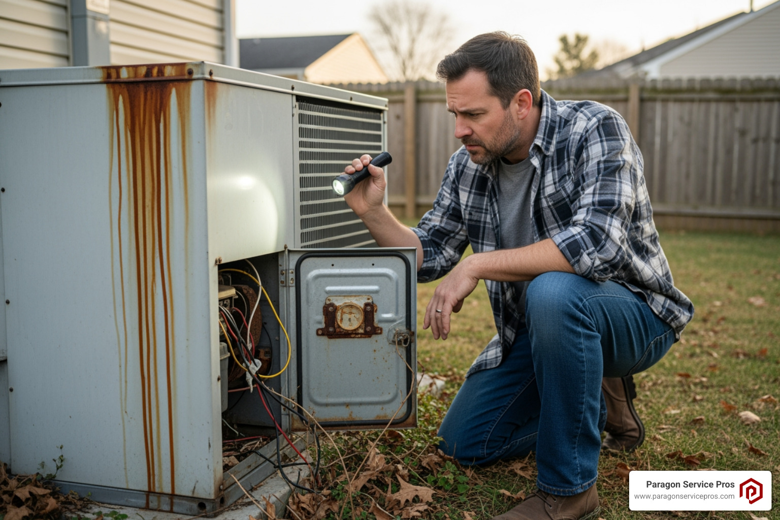 homeowner looking worried at old HVAC unit - heat pump installation mesa, az homeowner looking worried at old HVAC unit - heat pump installation mesa, az