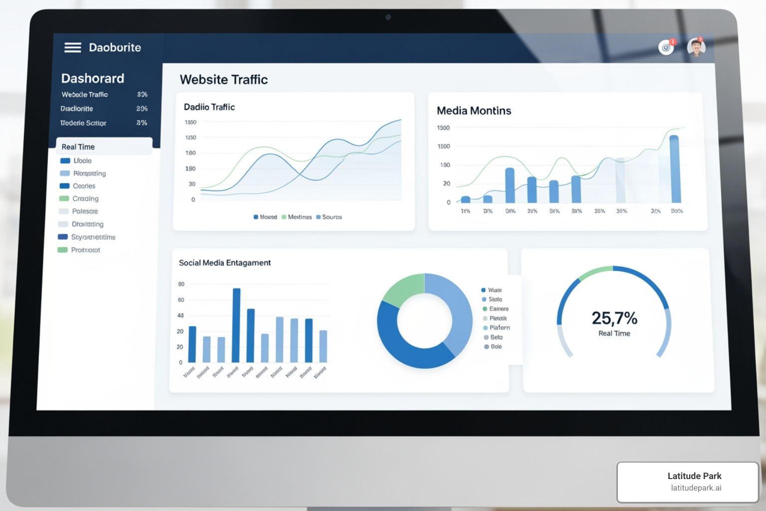A dashboard showing media mentions, social media engagement, and website traffic analytics - press relation A dashboard showing media mentions, social media engagement, and website traffic analytics - press relation