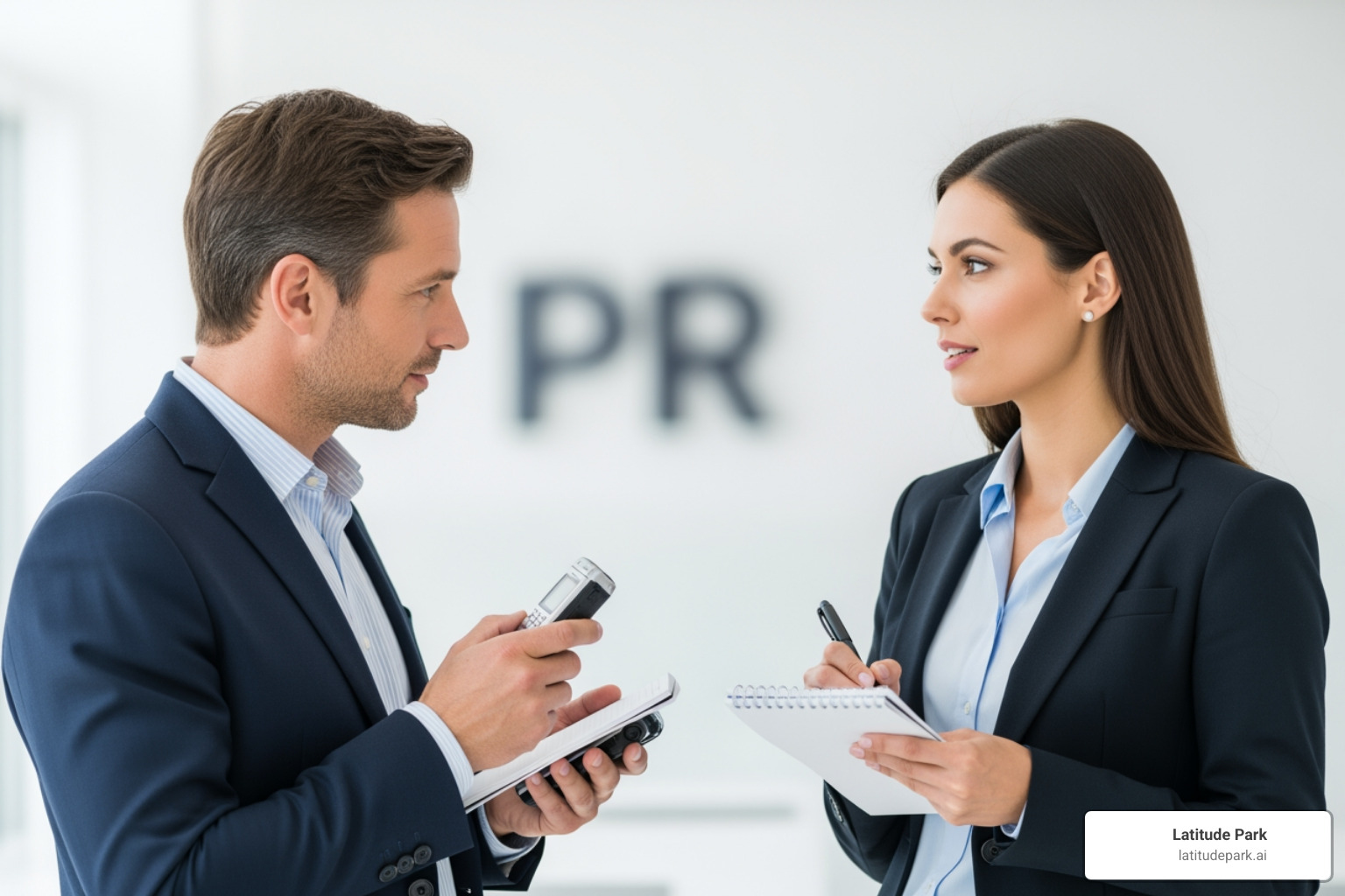 A PR professional confidently speaking with a journalist - press relation A PR professional confidently speaking with a journalist - press relation