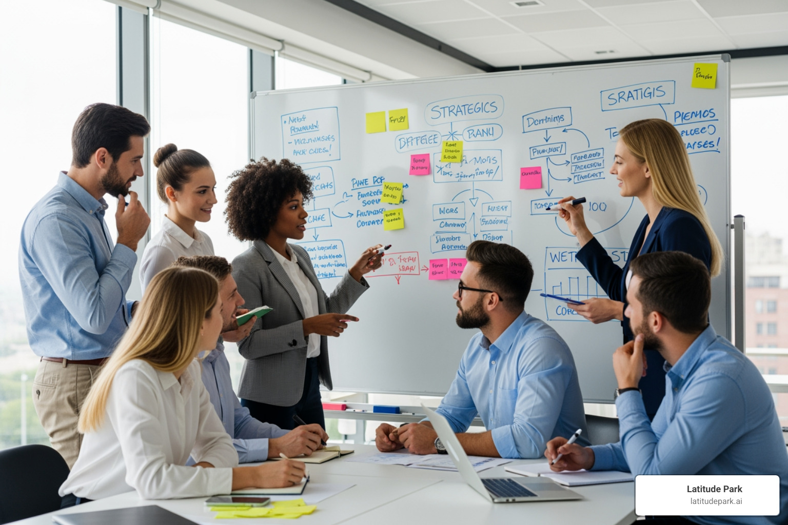 A diverse team collaborating around a whiteboard with strategy notes - press relation A diverse team collaborating around a whiteboard with strategy notes - press relation