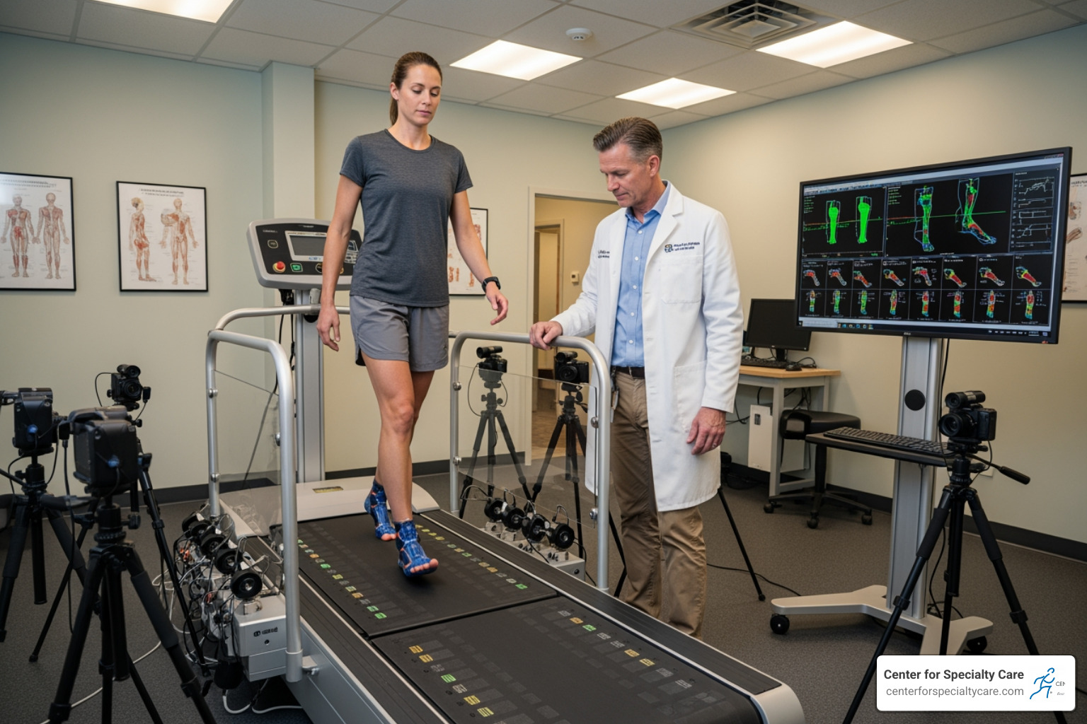A podiatrist performing a gait analysis on a patient, observing their foot mechanics and alignment while walking on a specialized treadmill. - flat feet treatment