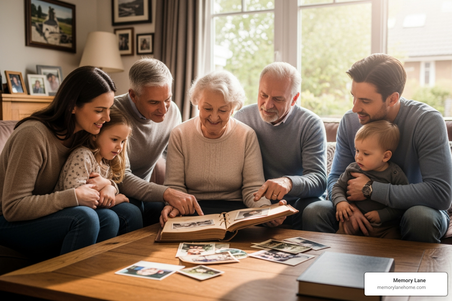 family looking at a photo album with a senior loved one - advanced memory care