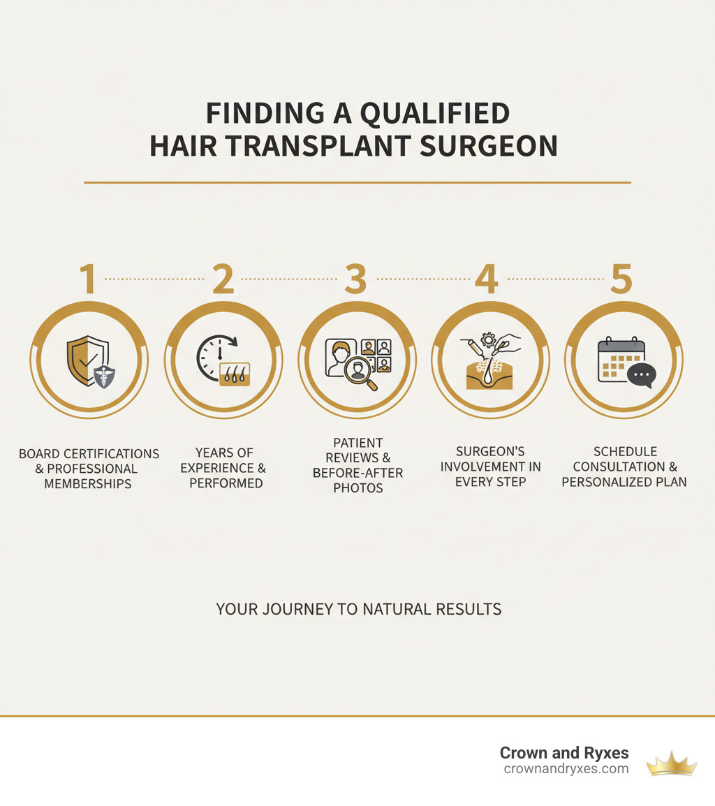 Infographic showing the five key steps to finding a qualified hair transplant surgeon: 1) Verify board certifications and professional memberships, 2) Review years of experience and number of procedures performed, 3) Analyze patient reviews and before-after photos, 4) Confirm surgeon's involvement in every procedure step, 5) Schedule consultation to discuss personalized treatment plan - best hair transplant surgeon infographic Infographic showing the five key steps to finding a qualified hair transplant surgeon: 1) Verify board certifications and professional memberships, 2) Review years of experience and number of procedures performed, 3) Analyze patient reviews and before-after photos, 4) Confirm surgeon's involvement in every procedure step, 5) Schedule consultation to discuss personalized treatment plan - best hair transplant surgeon infographic