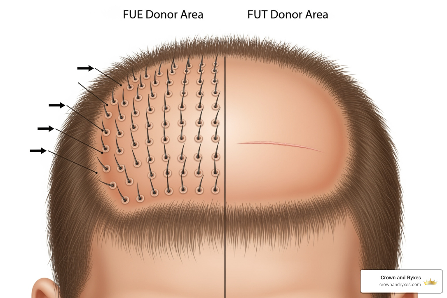 Image illustrating the difference between FUE and FUT donor areas - best hair transplant surgeon Image illustrating the difference between FUE and FUT donor areas - best hair transplant surgeon