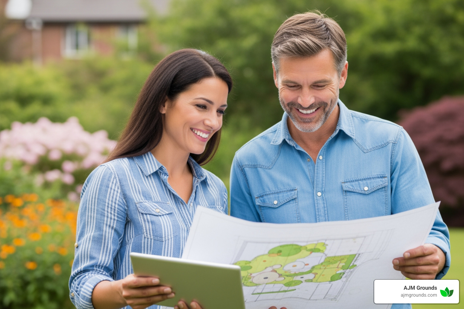 homeowner happily consulting with a landscape designer over plans in a garden setting - landscape design service near me