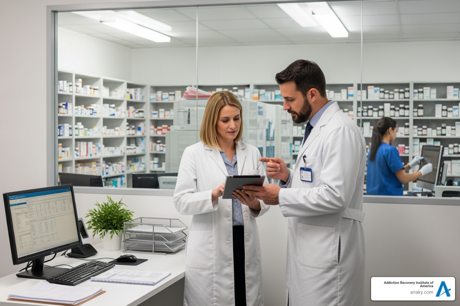 Secure medication dispensing area or a pharmacist consulting with a doctor - benzo detox