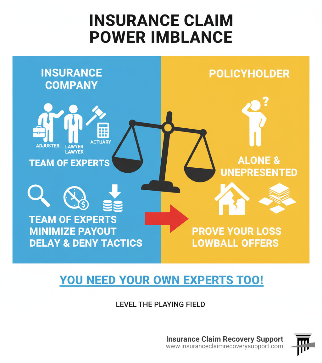 infographic showing insurance company experts versus policyholder without representation - insurance companies have experts working for them, you should too infographic 