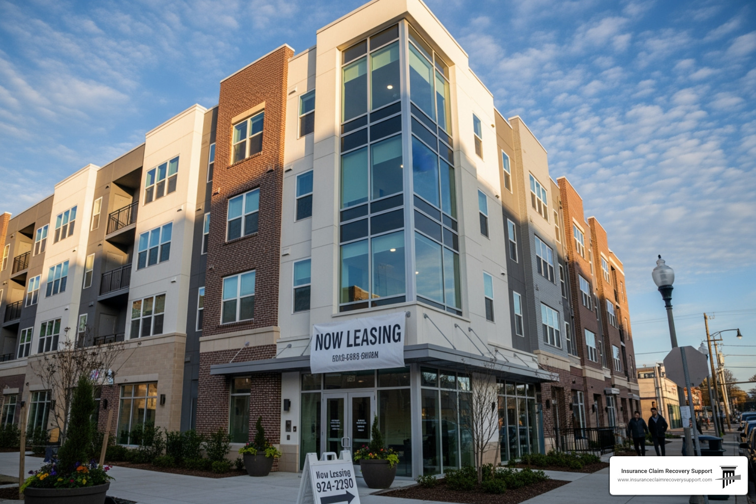 restored apartment complex with "Now Leasing" sign - insurance companies have experts working for them, you should too