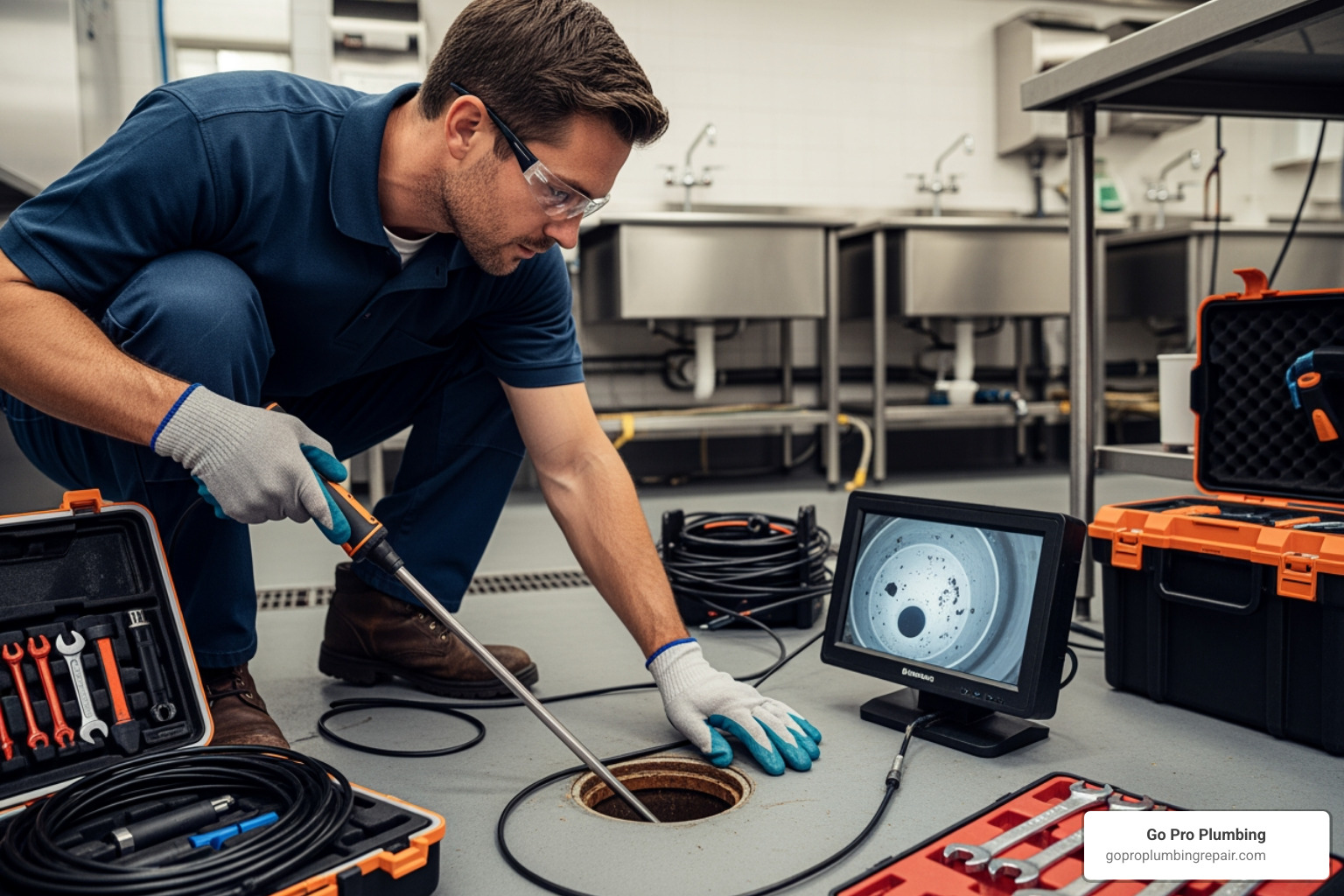 commercial plumber using a video inspection camera in a drain - commercial preventative plumbing services in sacramento