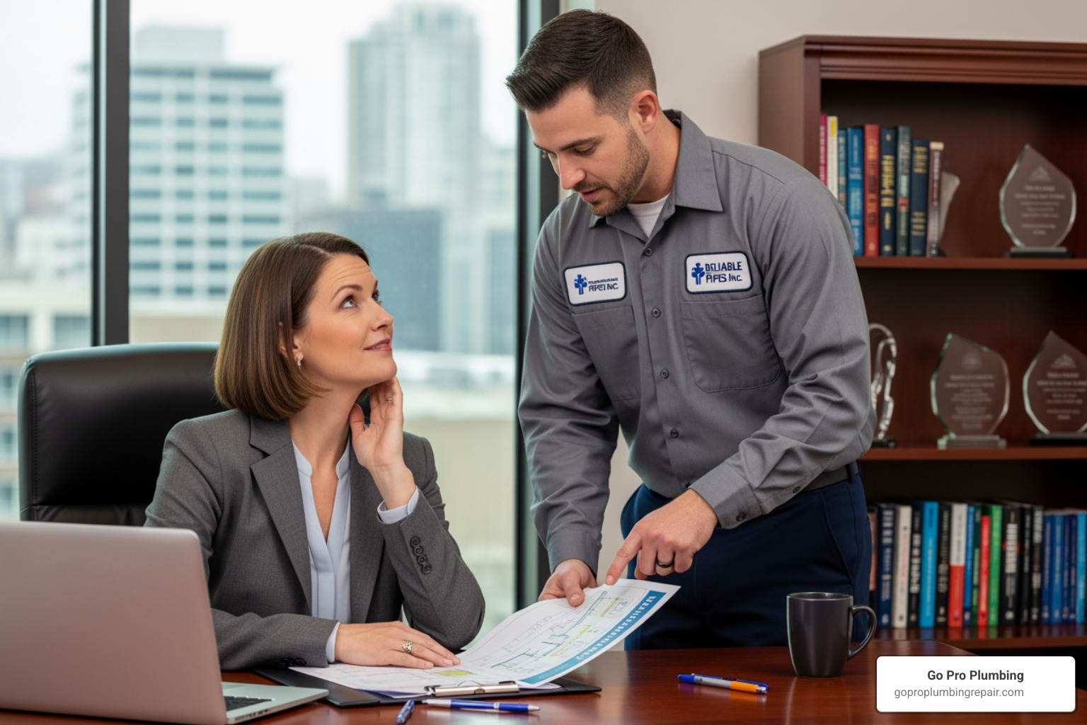 business owner looking relieved while reviewing a maintenance plan with a plumber - commercial preventative plumbing services in sacramento