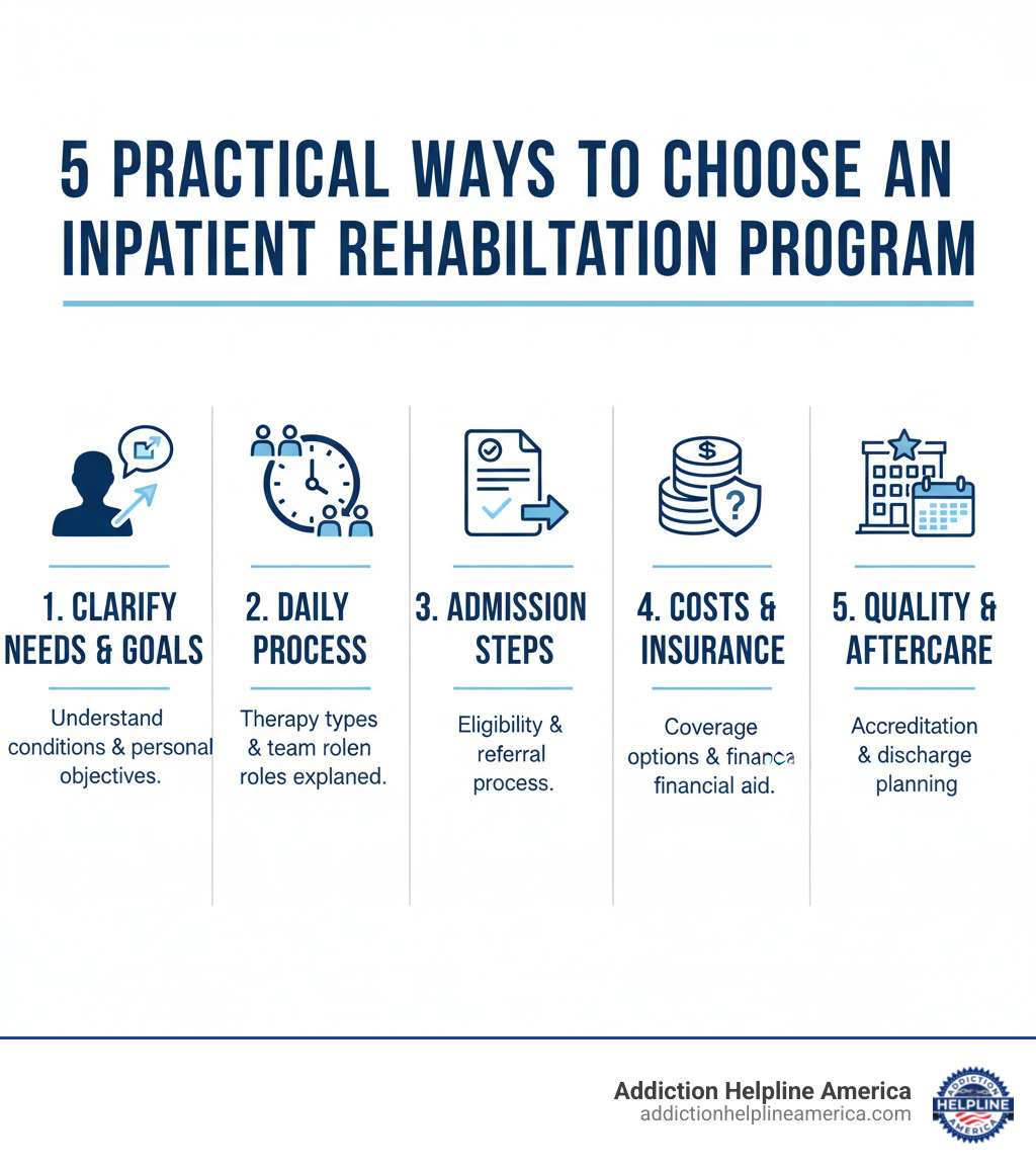 Infographic showing the 5 practical ways to choose an inpatient rehabilitation program: 1) Clarify who needs the program and why by understanding conditions and goals, 2) Understand the daily process including therapy types and team roles, 3) Master admission steps including eligibility criteria and referral process, 4) Explain costs and insurance coverage options, 5) Select a quality program and plan for aftercare with accreditation standards and discharge planning - inpatient rehabilitation program infographic 