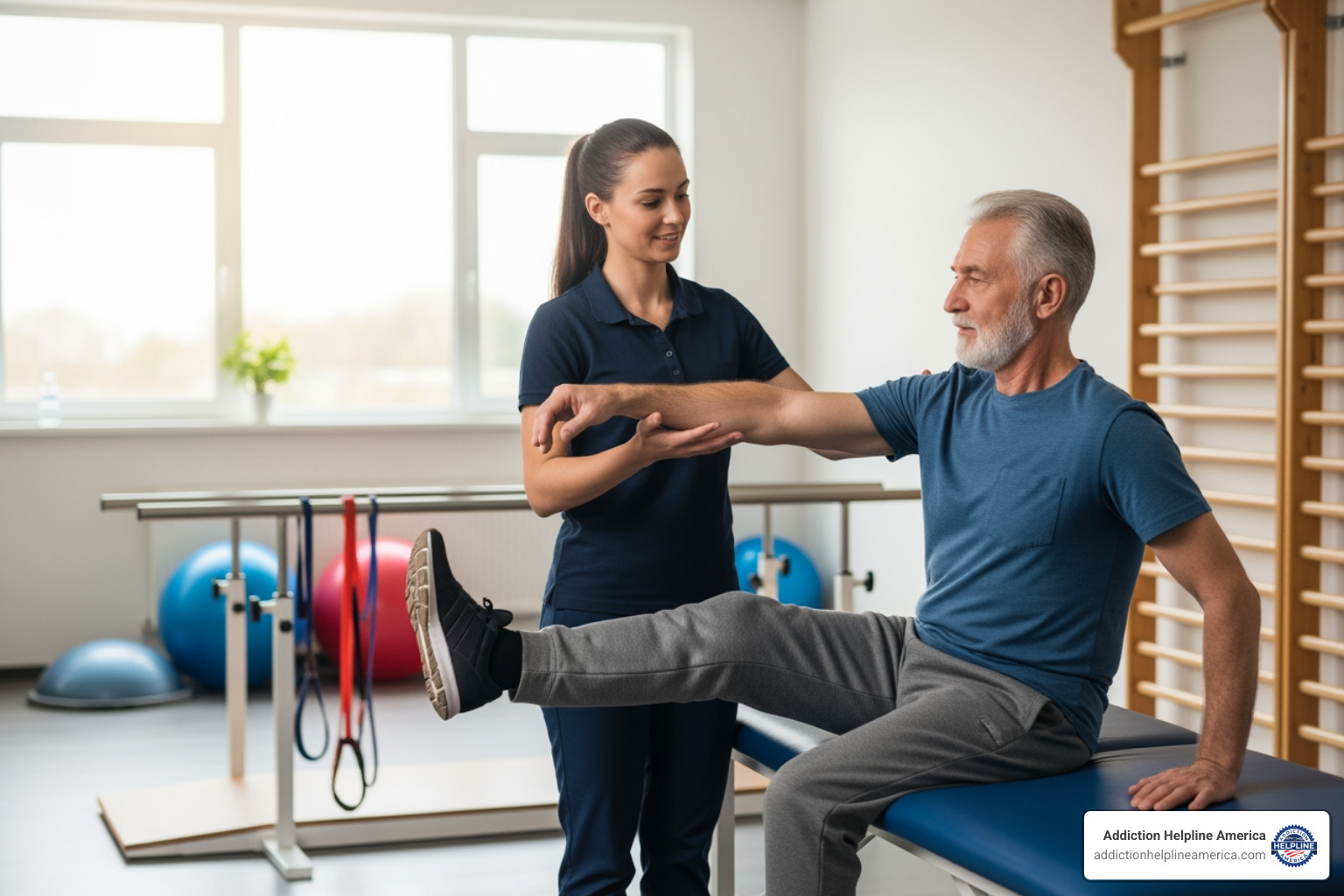 A therapist assists an older adult with mobility exercises in a rehabilitation setting. - inpatient rehabilitation program