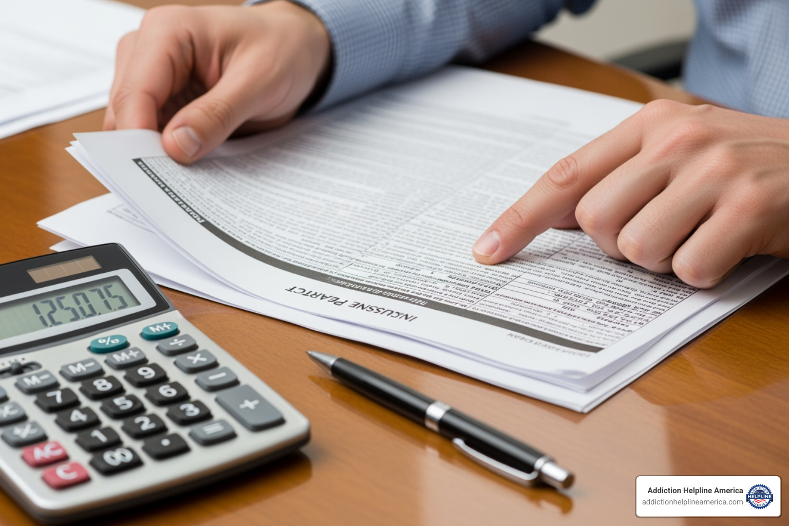 A person reviewing an insurance document, with a calculator and pen nearby. - inpatient rehabilitation program