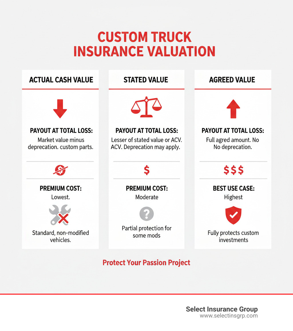 table comparing Actual Cash Value, Stated Value, and Agreed Value on key features like payout at total loss, premium cost, and best use case - custom truck insurance infographic 