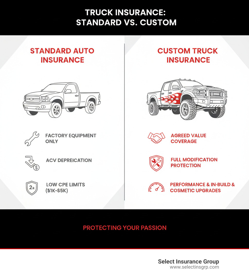 Infographic showing the difference between standard auto insurance and custom truck insurance: Standard covers factory equipment only with ACV depreciation and low CPE limits, while custom truck insurance offers agreed value coverage, full modification protection, specialty endorsements for spare parts and vehicles under construction, and tailored coverage for performance and cosmetic upgrades - custom truck insurance infographic 