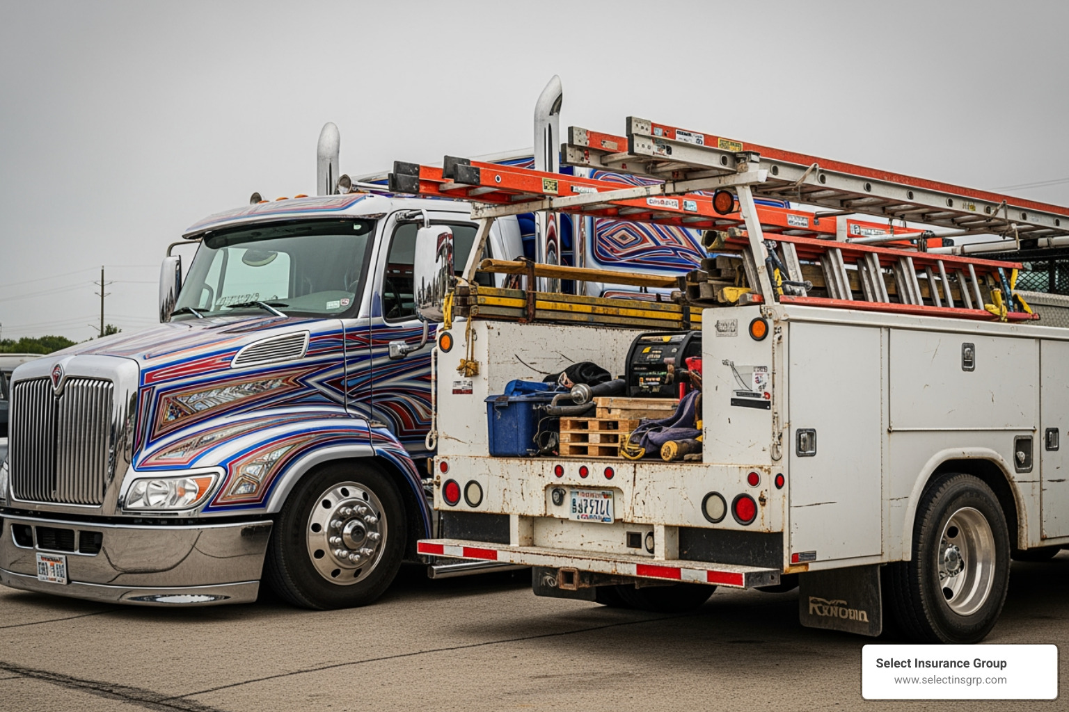 two trucks side-by-side: one a show truck, the other a commercial work truck - custom truck insurance