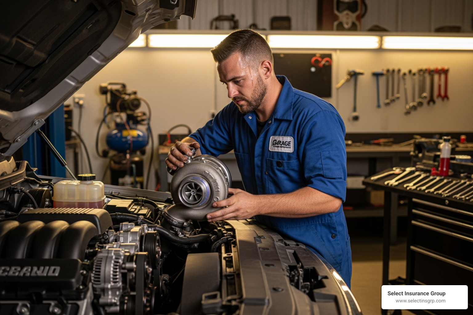 mechanic installing a performance part on a truck engine - custom truck insurance