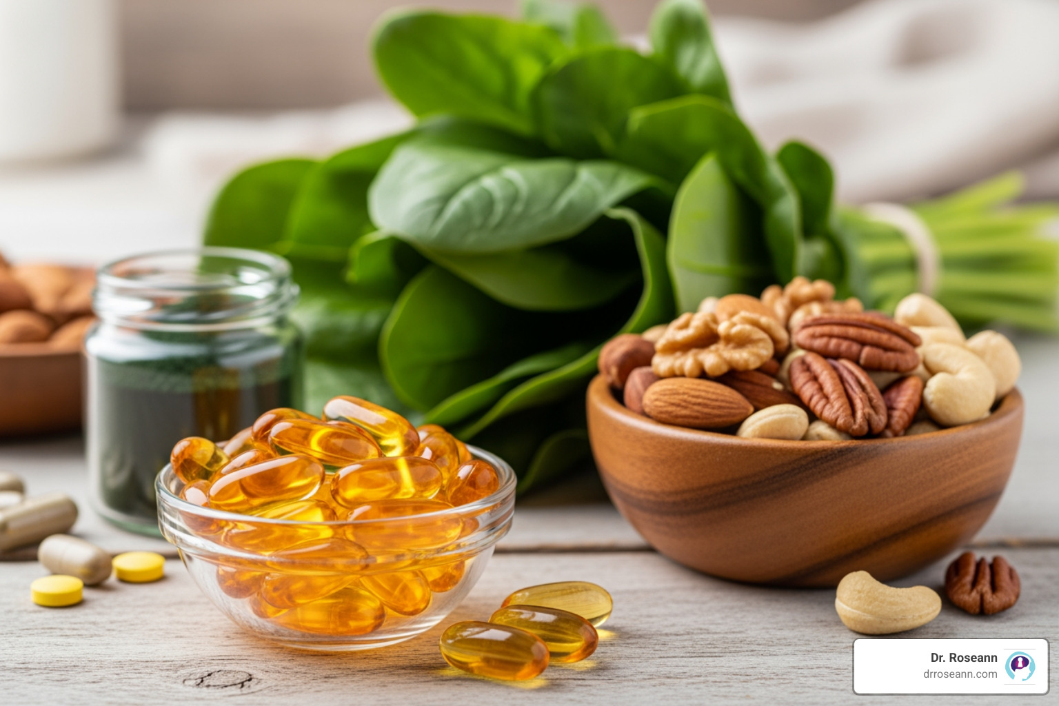 various natural supplements like fish oil capsules, nuts, and leafy greens - l tyrosine adderall substitute