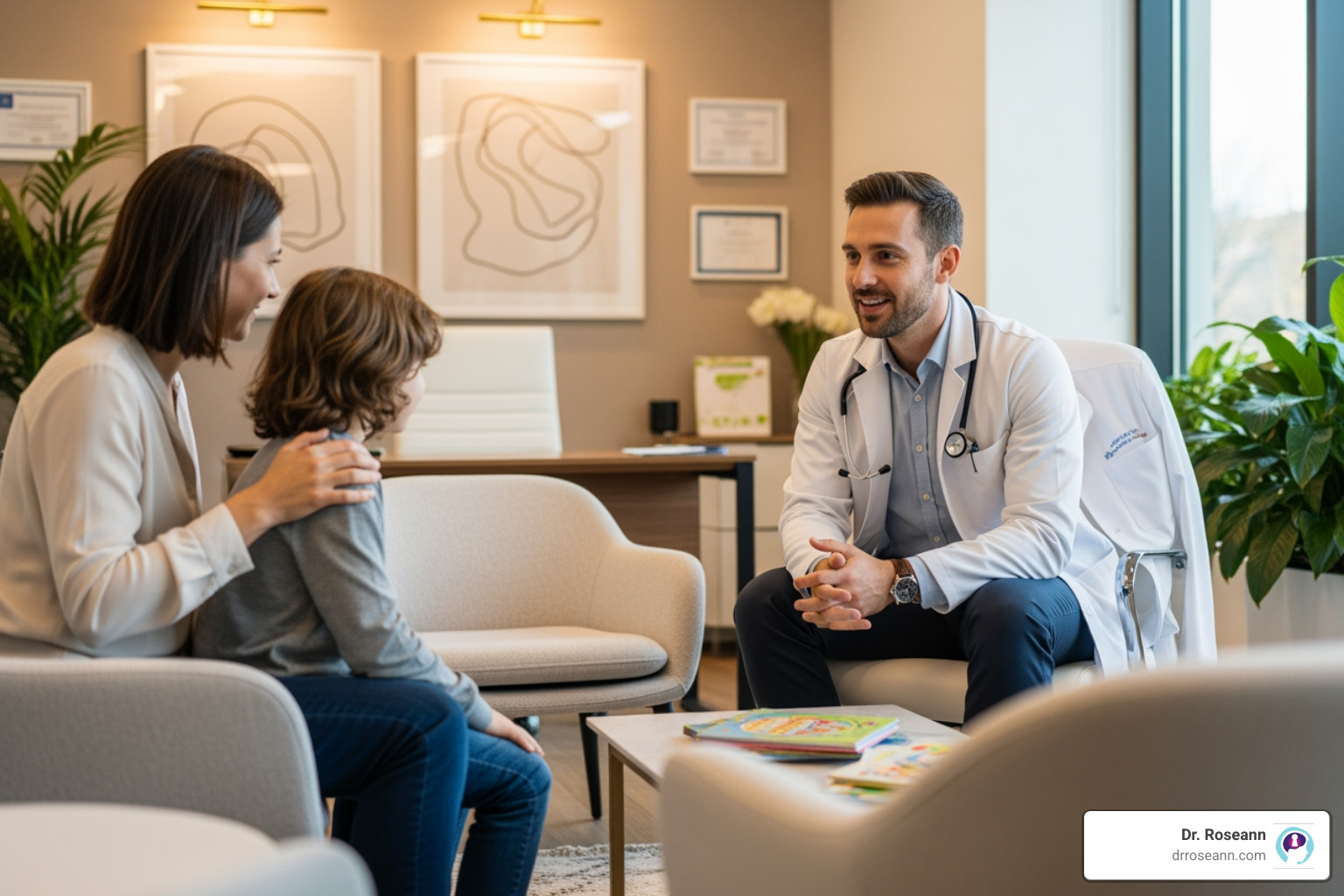 healthcare professional talking with a parent and child - ADHD child development healthcare professional talking with a parent and child - ADHD child development