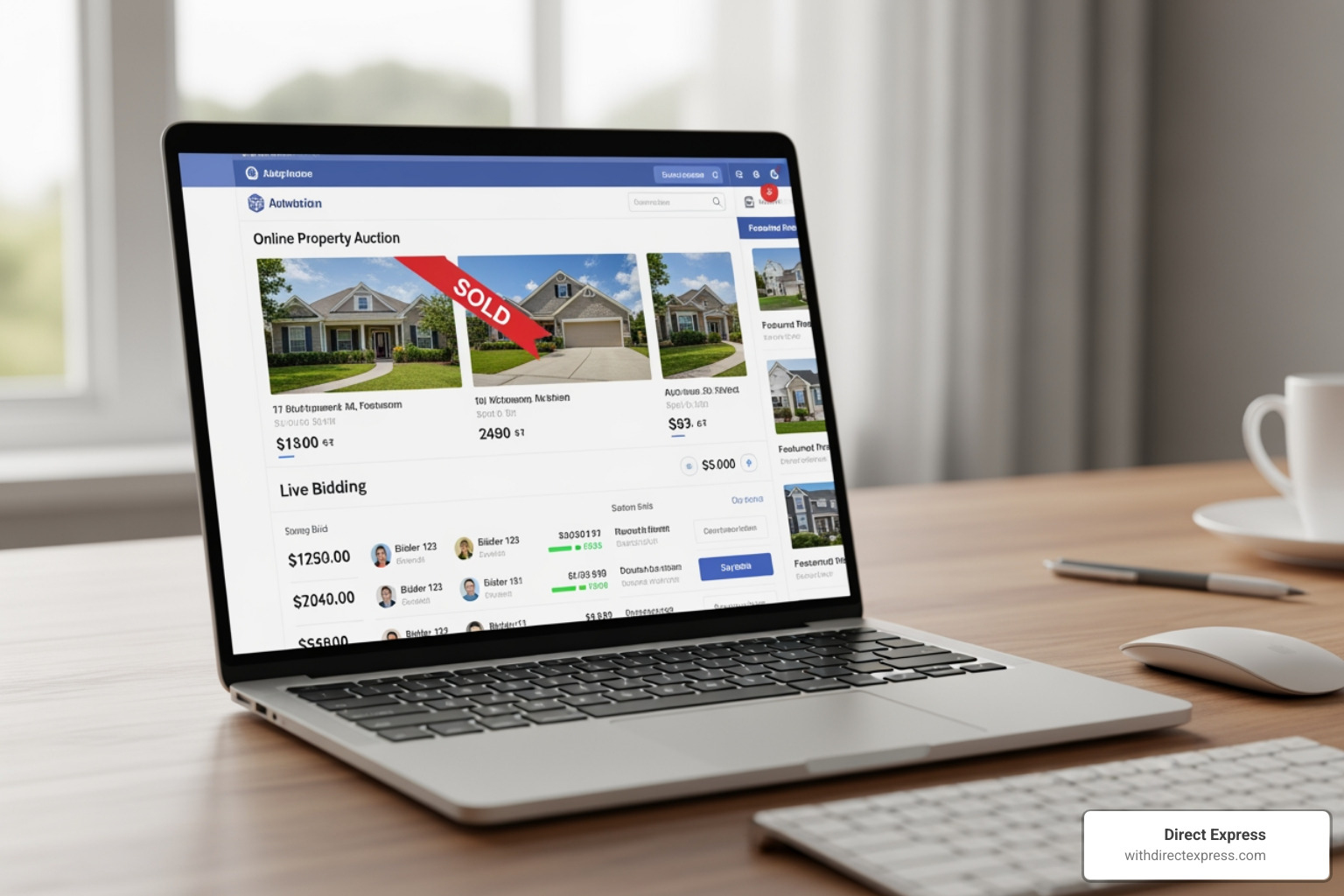 Online property auction website on a laptop screen - sheriff sale houses