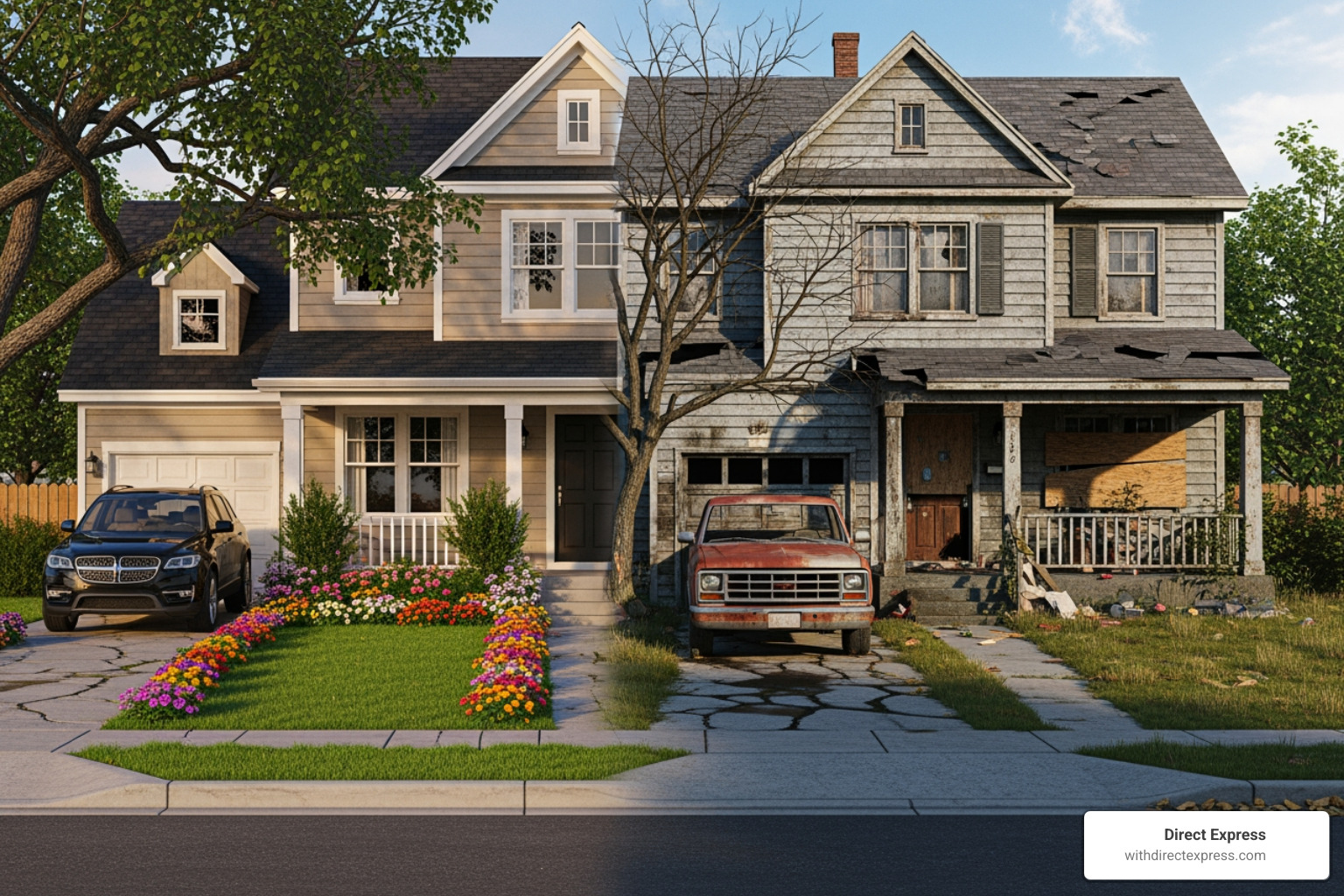 Split-screen showing a pristine house and a dilapidated house - sheriff sale houses