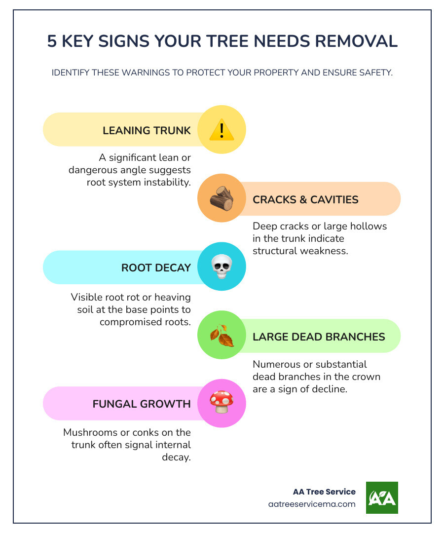 infographic showing five key warning signs that indicate a tree needs professional removal: 1) Leaning trunk at a dangerous angle, 2) Deep cracks or cavities in the trunk, 3) Root decay or heaving soil at the base, 4) Large dead branches in the crown, and 5) Fungal growth on the trunk indicating internal rot - Tree Removal Services infographic infographic-line-5-steps-colors