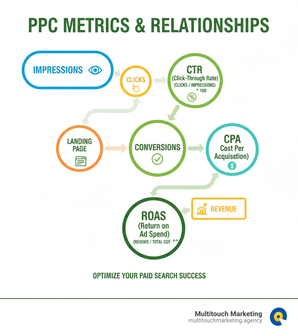 Infographic showing key PPC metrics and their relationships, such as clicks, impressions, CTR, conversions, CPA, and ROAS. - Paid search marketing infographic Infographic showing key PPC metrics and their relationships, such as clicks, impressions, CTR, conversions, CPA, and ROAS. - Paid search marketing infographic