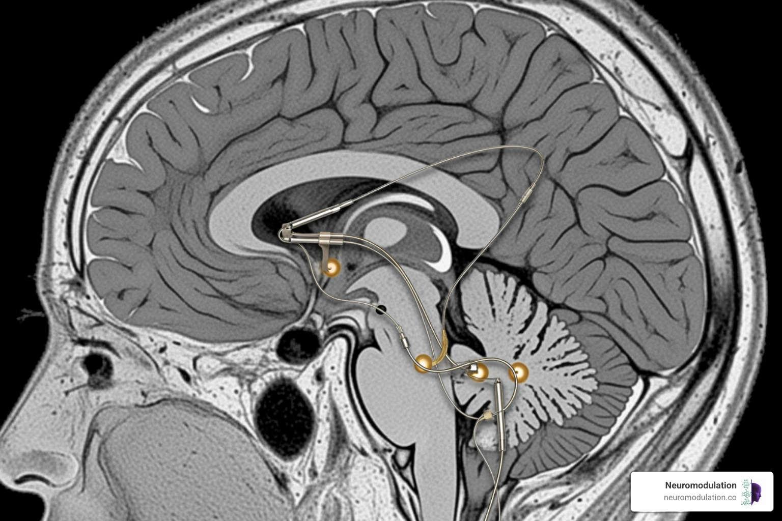 Image of a detailed brain scan, possibly an MRI or CT, highlighting specific deep brain regions. Superimposed on this scan are representations of DBS electrodes precisely placed within pain-related target areas such as the periaqueductal gray (PAG) or various nuclei within the thalamus (e.g., VPL). The image should clearly show the anatomical context of the electrode placement in relation to surrounding brain structures. - deep brain stimulation pain Image of a detailed brain scan, possibly an MRI or CT, highlighting specific deep brain regions. Superimposed on this scan are representations of DBS electrodes precisely placed within pain-related target areas such as the periaqueductal gray (PAG) or various nuclei within the thalamus (e.g., VPL). The image should clearly show the anatomical context of the electrode placement in relation to surrounding brain structures. - deep brain stimulation pain