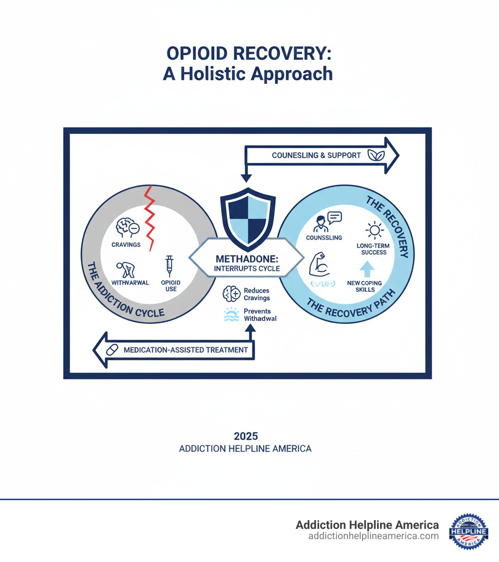 infographic showing the opioid addiction cycle and how medication-assisted treatment with methadone interrupts cravings and withdrawal while counseling addresses underlying causes and builds recovery skills for long-term success - methadone clinic near me infographic infographic showing the opioid addiction cycle and how medication-assisted treatment with methadone interrupts cravings and withdrawal while counseling addresses underlying causes and builds recovery skills for long-term success - methadone clinic near me infographic
