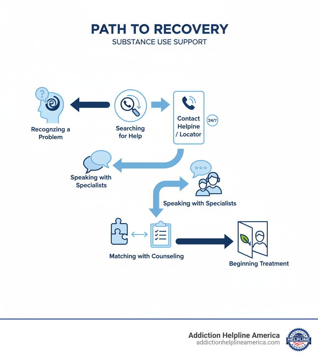 Infographic showing the path from recognizing a substance use problem through searching for help, contacting a helpline or treatment locator, speaking with trained specialists, getting matched with appropriate counseling services, and beginning treatment - Substance abuse counseling infographic 