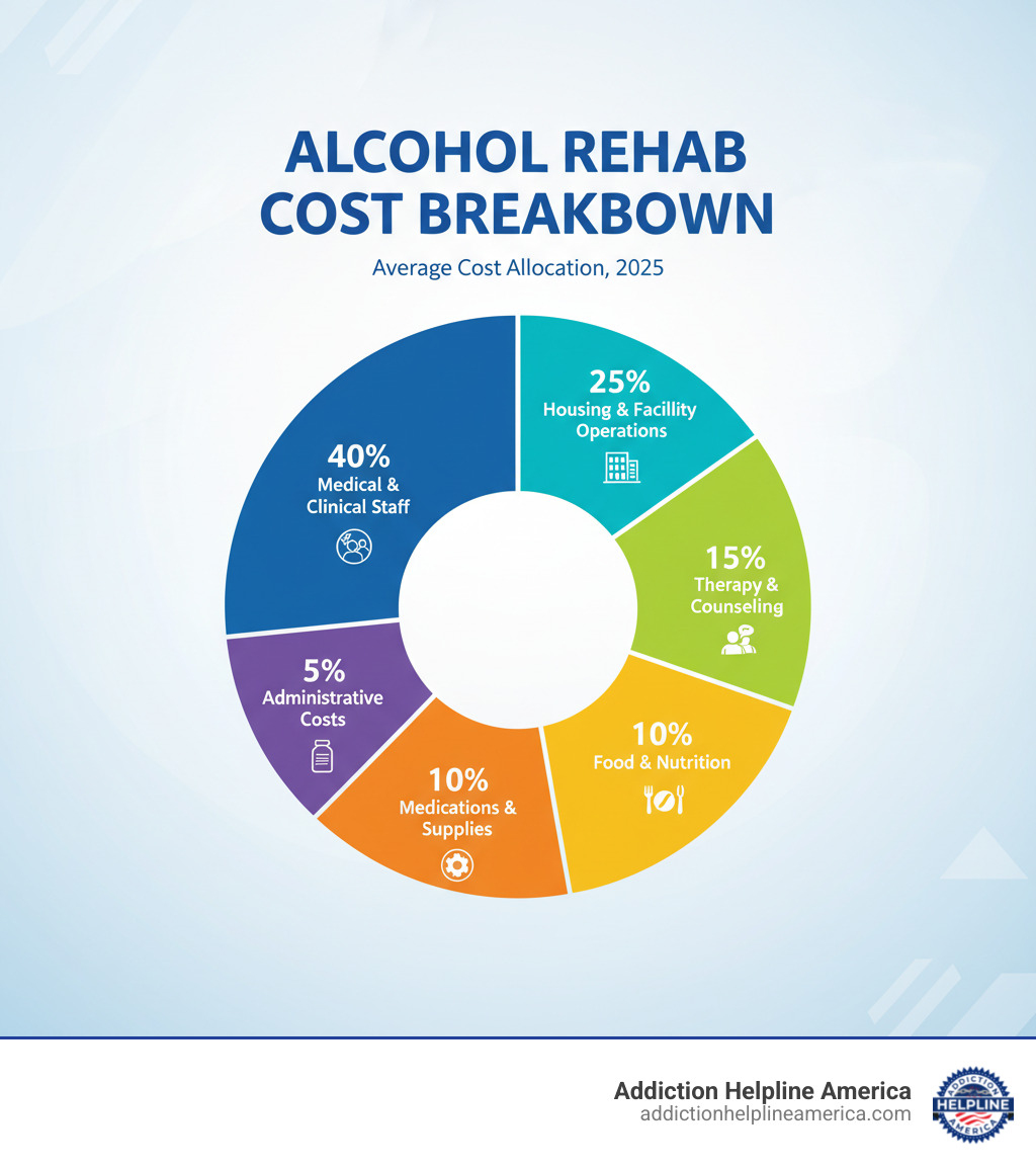 Infographic showing the breakdown of alcohol rehab costs: 40% goes to medical and clinical staff salaries, 25% to housing and facility operations, 15% to therapy and counseling services, 10% to food and nutrition programs, 5% to medications and medical supplies, and 5% to administrative costs - alcohol rehab cost infographic Infographic showing the breakdown of alcohol rehab costs: 40% goes to medical and clinical staff salaries, 25% to housing and facility operations, 15% to therapy and counseling services, 10% to food and nutrition programs, 5% to medications and medical supplies, and 5% to administrative costs - alcohol rehab cost infographic