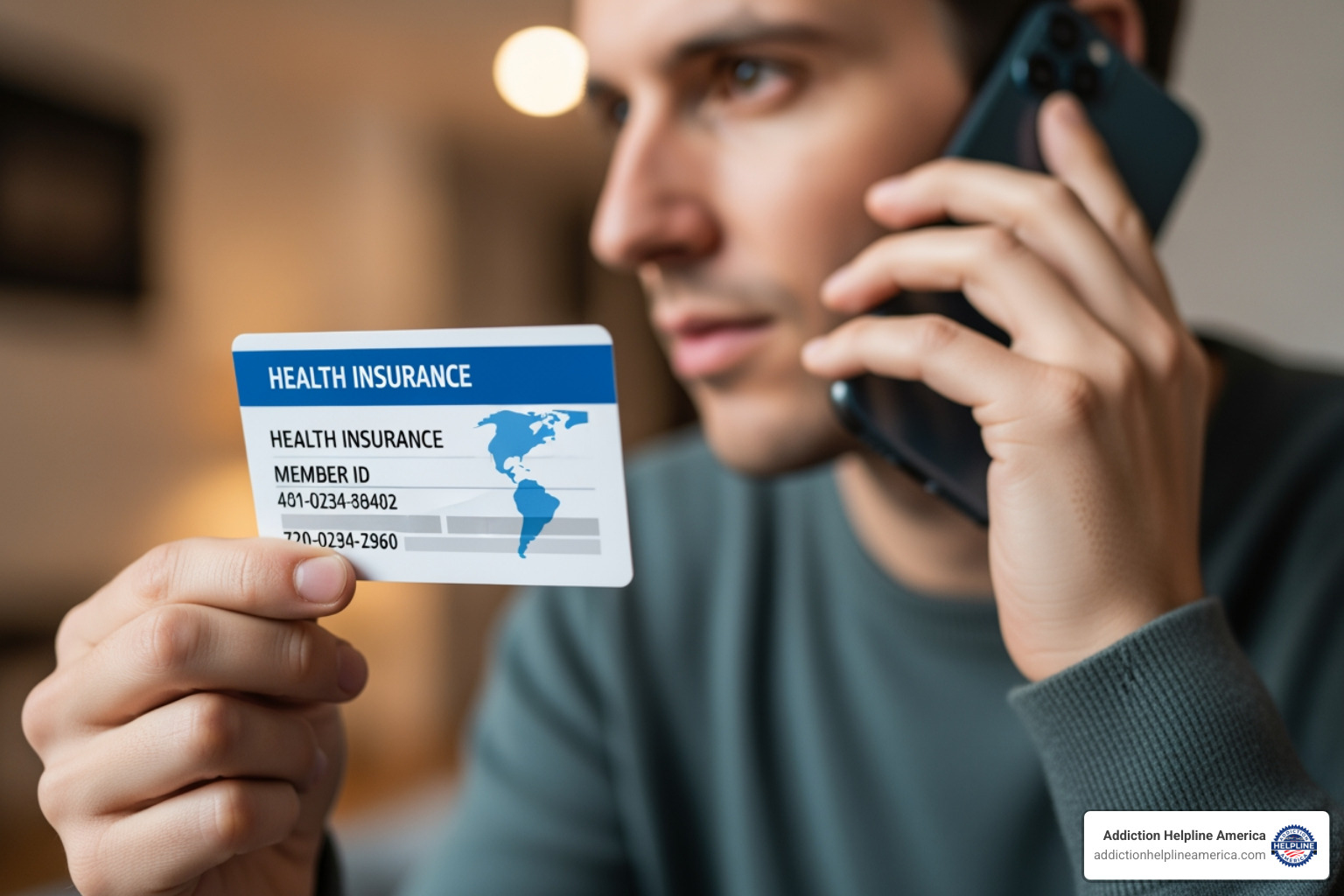 someone on the phone holding an insurance card - alcohol rehab cost someone on the phone holding an insurance card - alcohol rehab cost