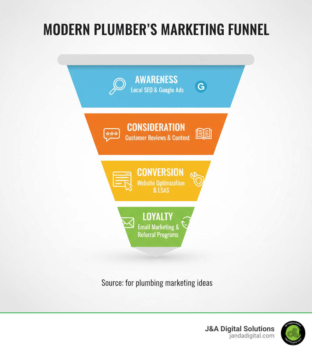 Infographic showing the modern plumber's marketing funnel with four stages: Awareness through Local SEO and Google Ads, Consideration through customer reviews and content, Conversion through website optimization and LSAs, and Loyalty through email marketing and referral programs - plumbing marketing ideas infographic 