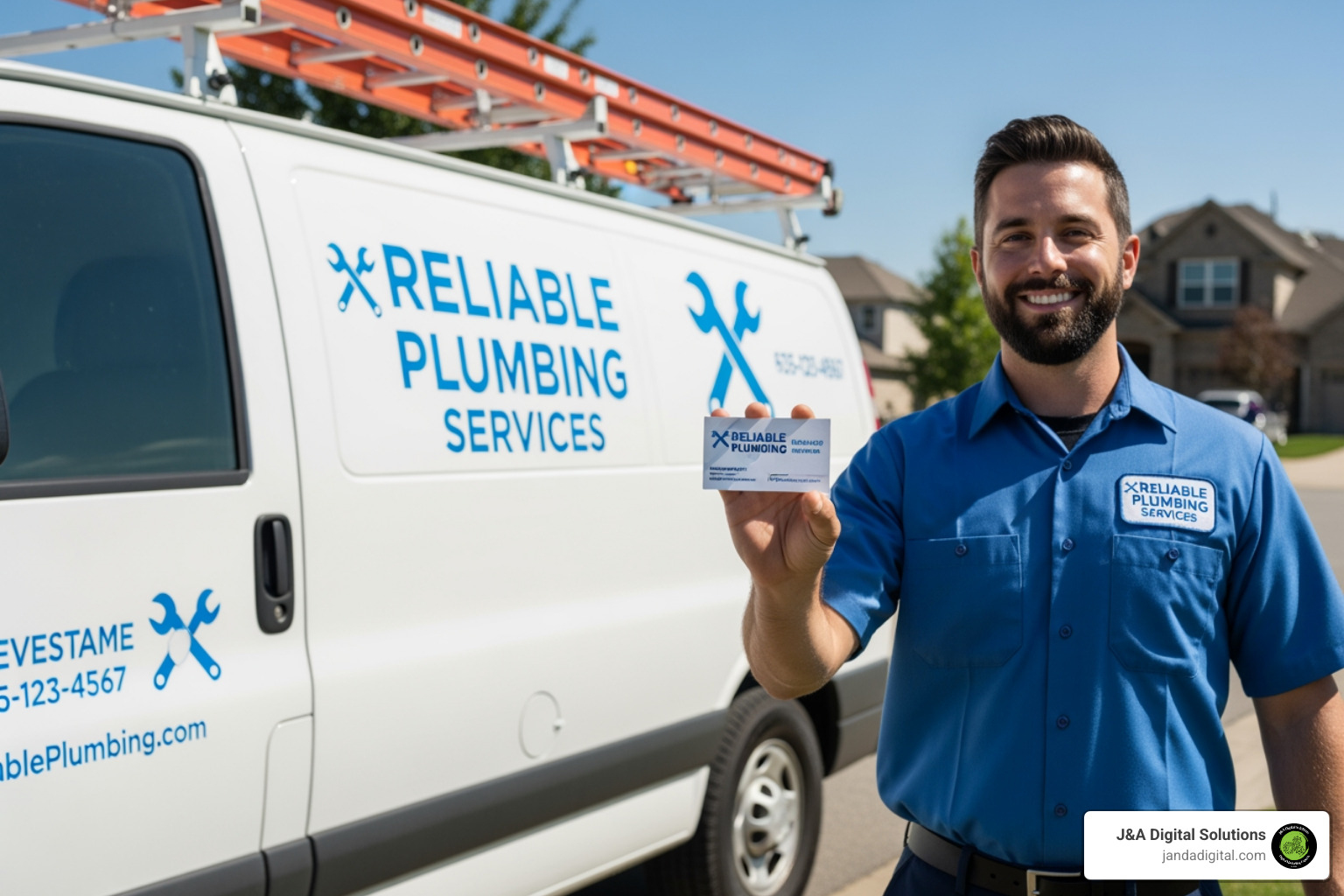 Branded plumbing van, technician in uniform, and professional business card - plumbing marketing ideas