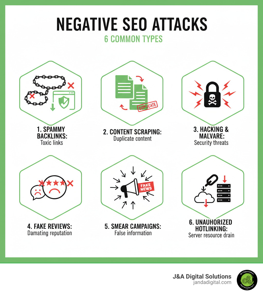 Infographic showing the six most common types of negative SEO attacks: spammy link building with toxic backlinks pointing to a website, content scraping showing duplicate content across multiple sites, hacking and malware injection with warning symbols, fake negative reviews on review platforms, smear campaigns spreading false information on social media, and unauthorized hotlinking draining server resources - Negative SEO protection infographic 