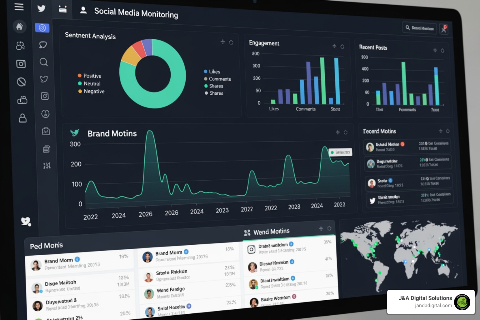 A social media monitoring dashboard showing brand mentions, sentiment, and engagement metrics - impactful off-page seo insights