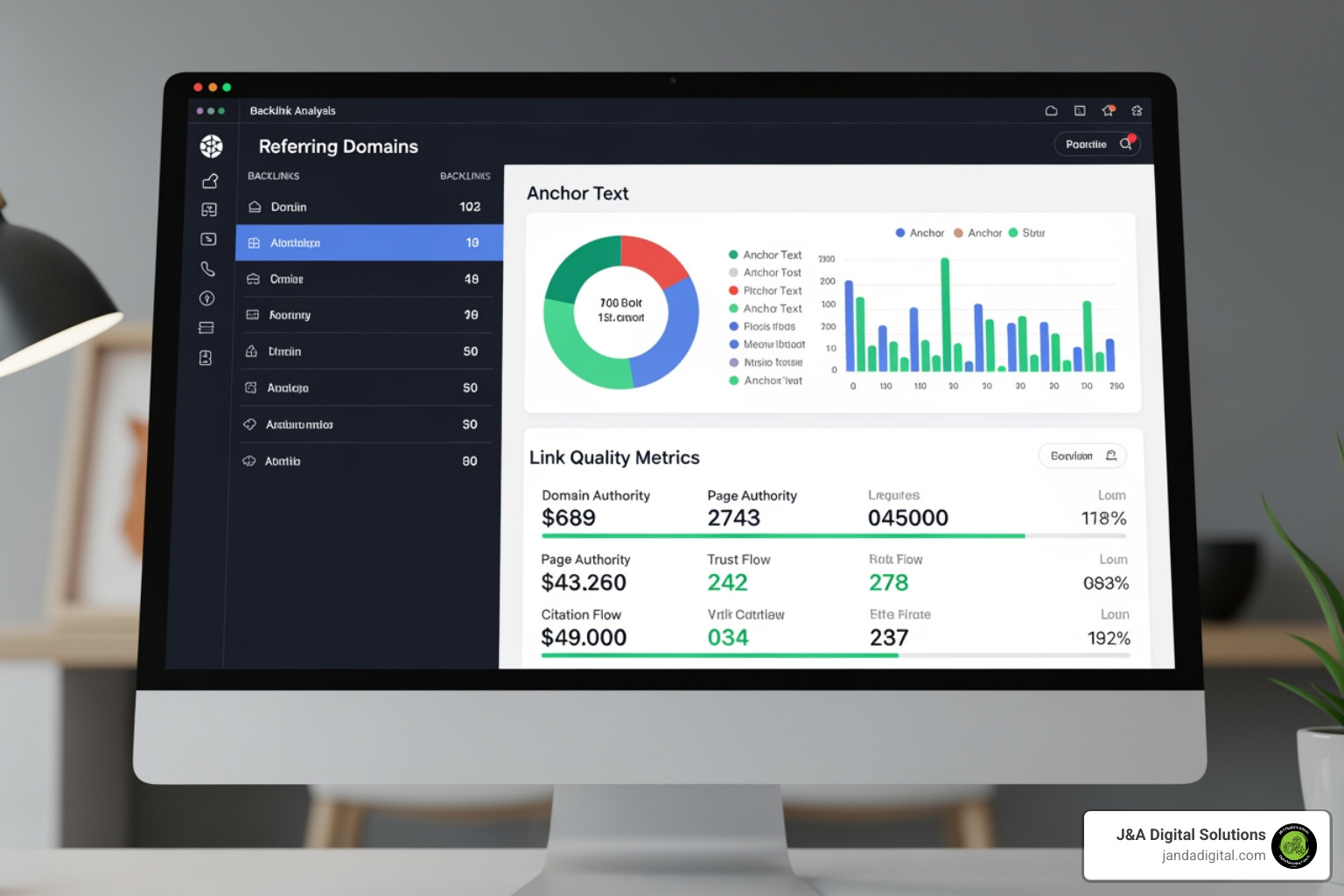 A backlink analysis tool interface showing referring domains, anchor text, and link quality metrics - impactful off-page seo insights