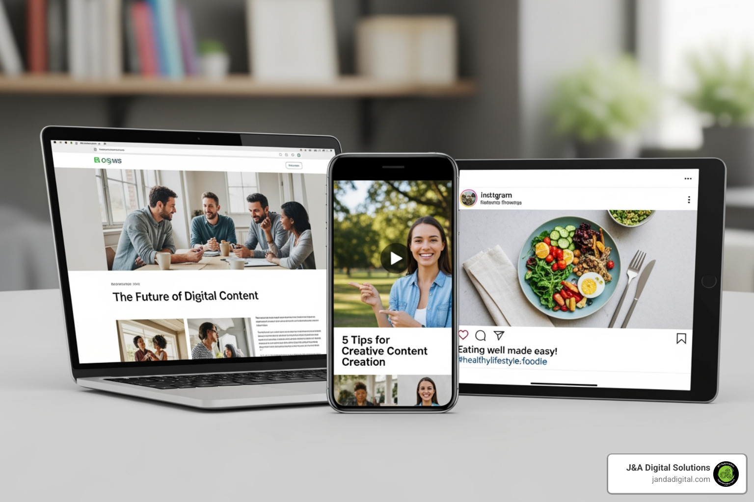 collage of different content types: a blog post on a laptop, a video thumbnail on a phone, a social media post - content marketing for plumbers