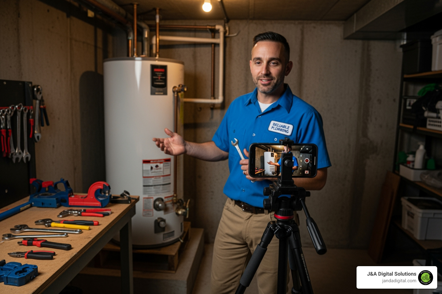 plumber using a smartphone on a tripod to film a quick tip video in front of a water heater - content marketing for plumbers